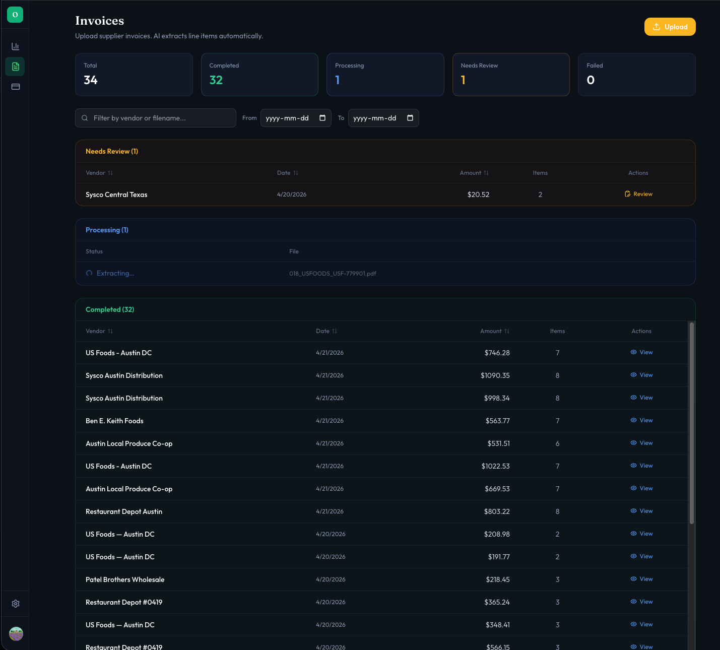 OpsPuls invoice extraction showing needs review and completed invoices