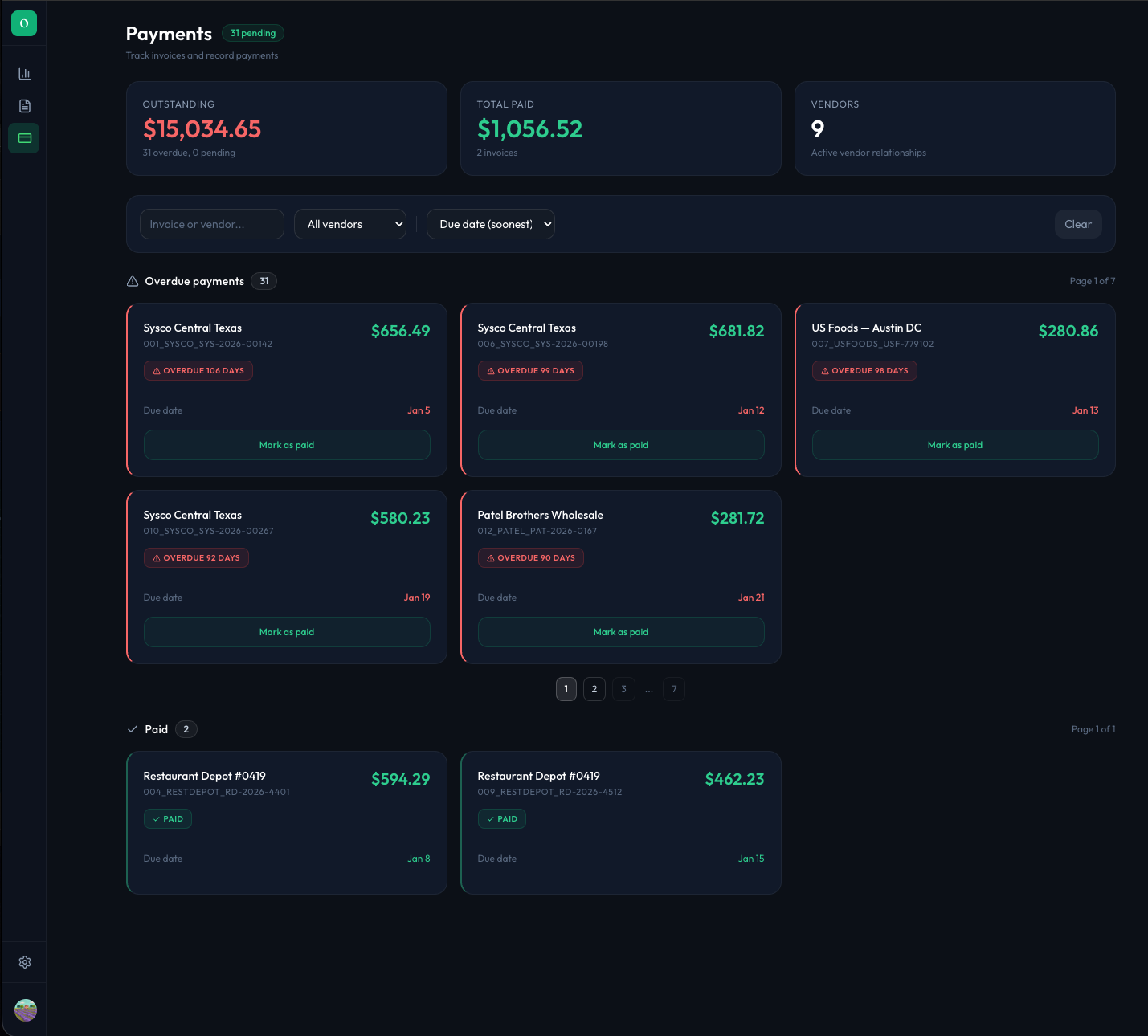 OpsPuls payment tracking showing outstanding and overdue invoices